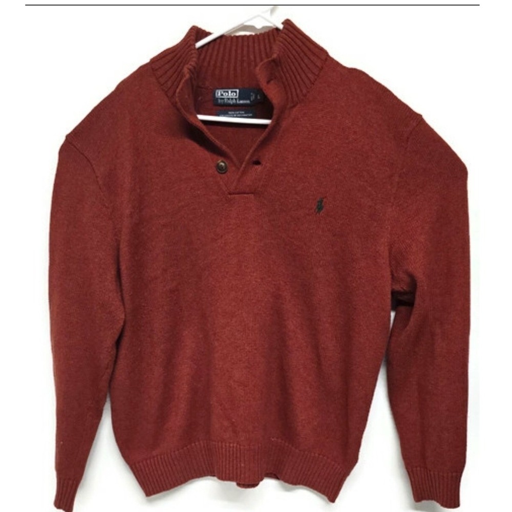 Polo Ralph Lauren Mens Large Rust Orange 100% Cotton Mock Neck Button Sweater